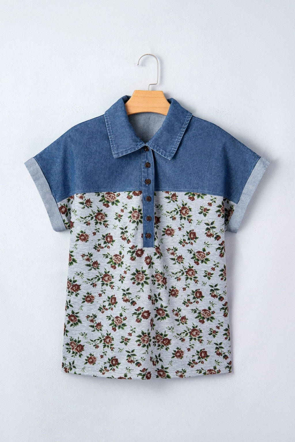 Floral Retro Denim Patchwork Buttoned Collar Top - Rooted & Reckless Co.