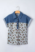 Floral Retro Denim Patchwork Buttoned Collar Top - Rooted & Reckless Co.