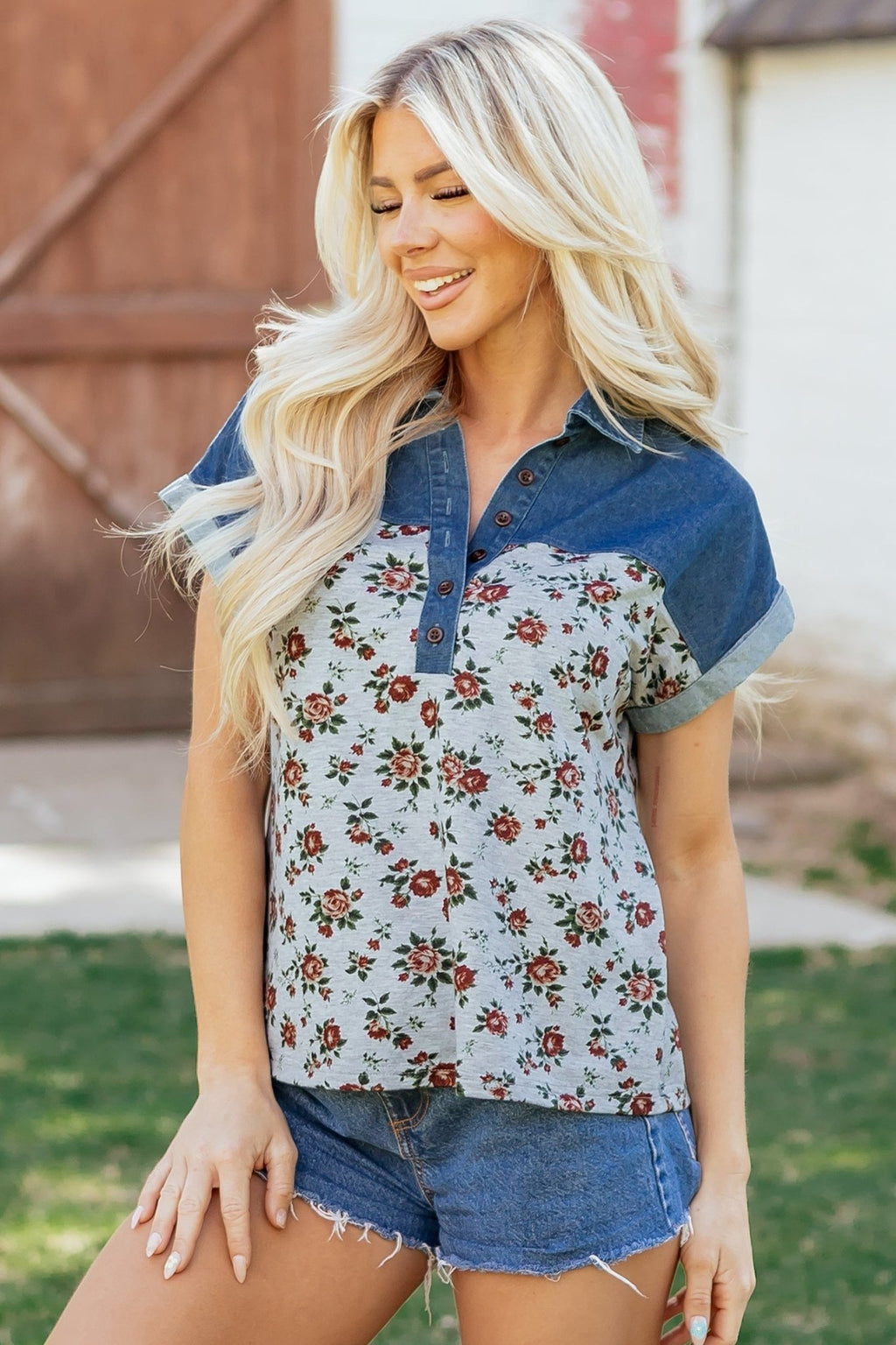 Floral Retro Denim Patchwork Buttoned Collar Top - Rooted & Reckless Co.