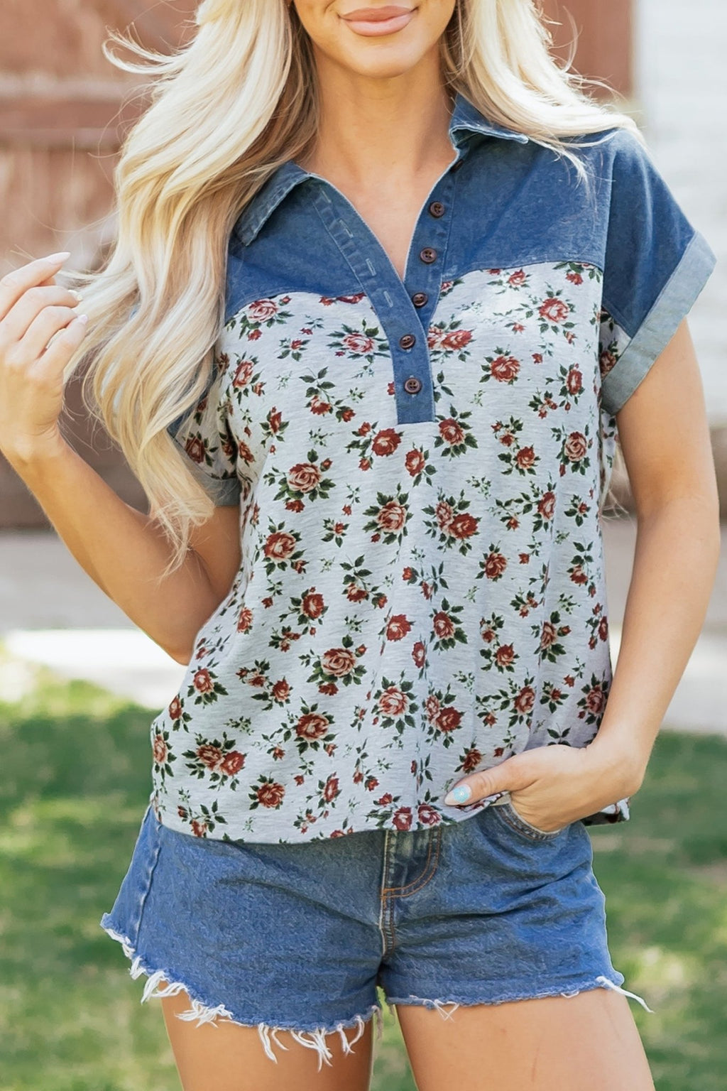 Floral Retro Denim Patchwork Buttoned Collar Top - Rooted & Reckless Co.