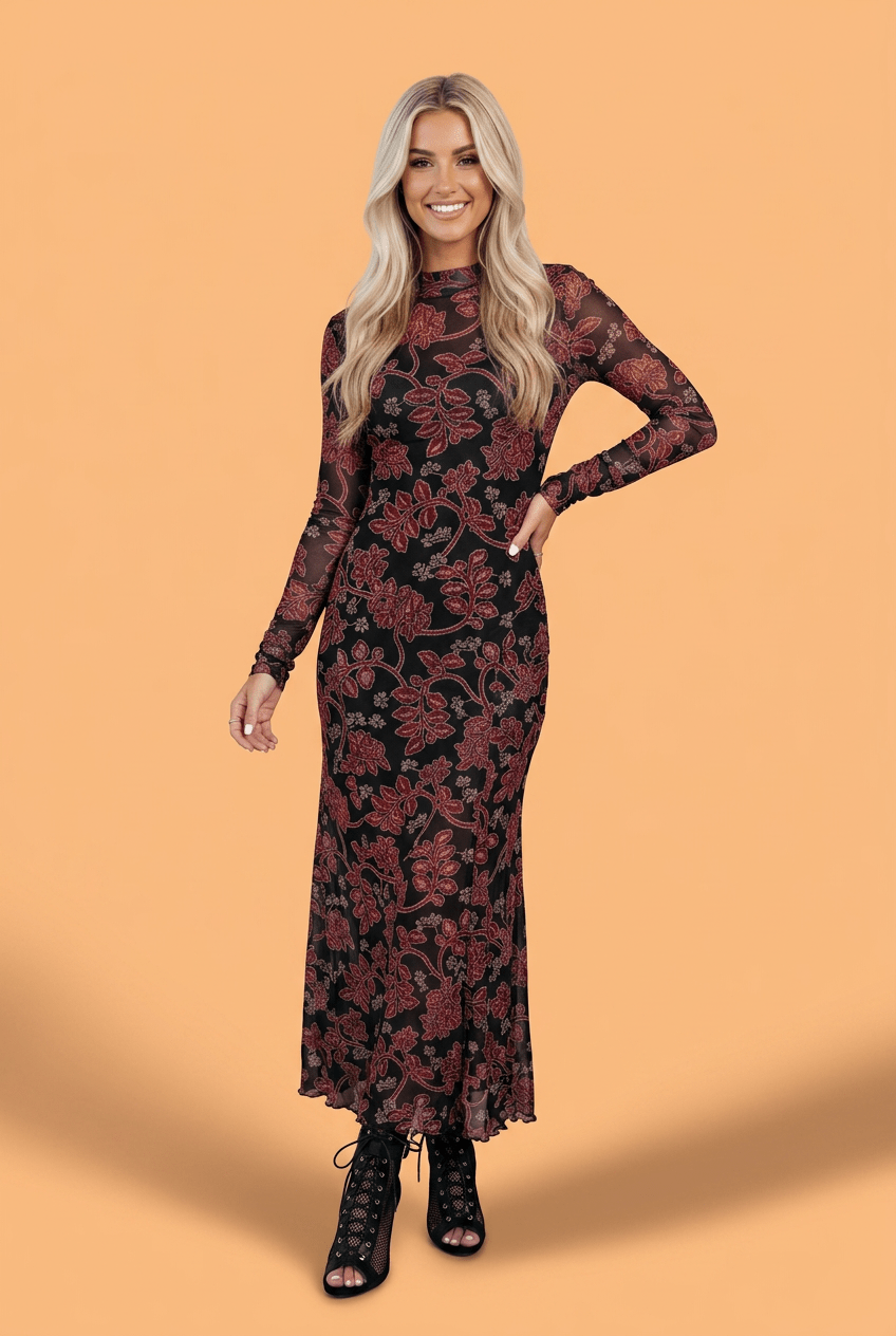 Floral Retro Long Sleeve Mesh Maxi Dress - Rooted & Reckless Co.