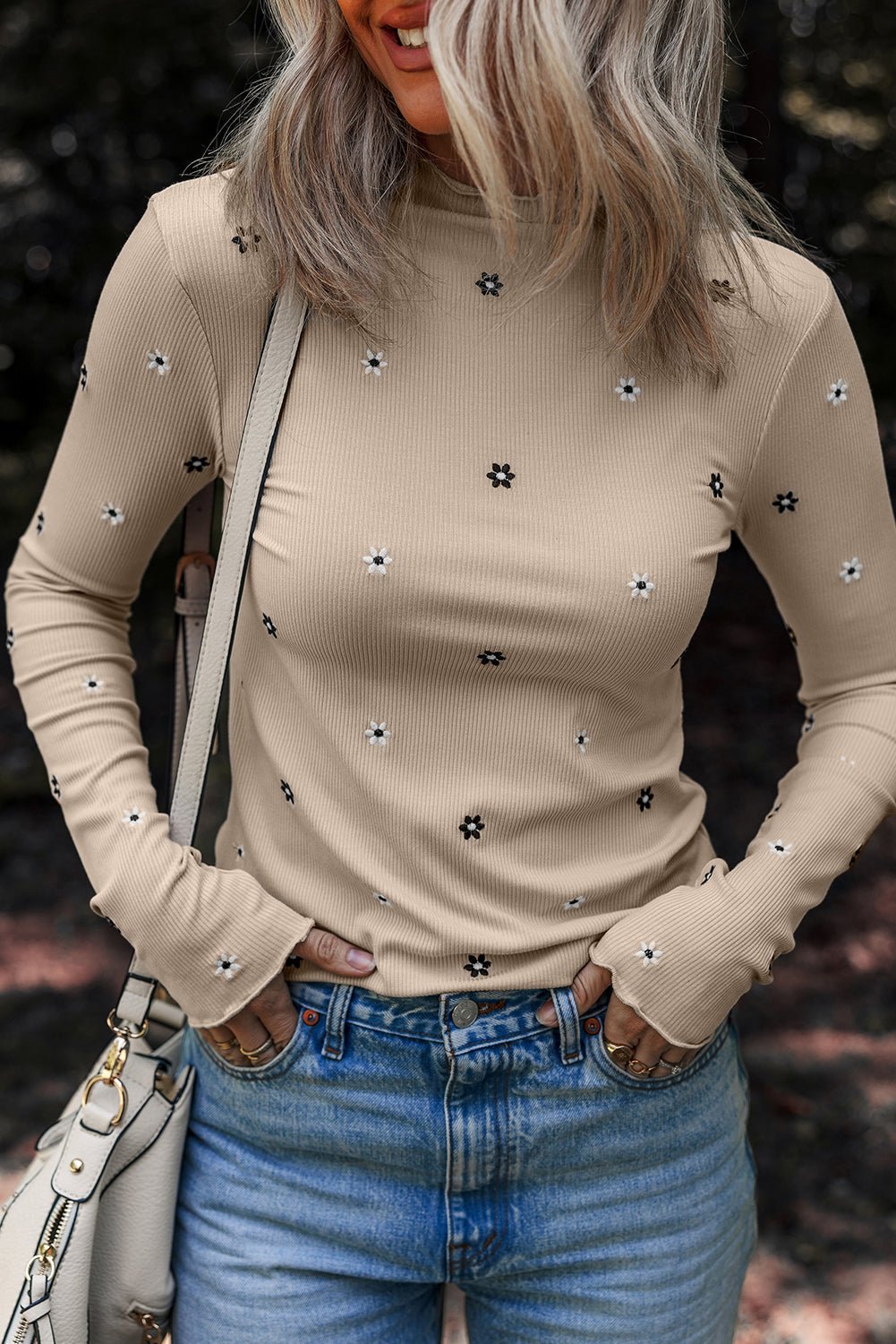 Floral Ribbed Embroidered Long Sleeve Top - Rooted & Reckless Co.