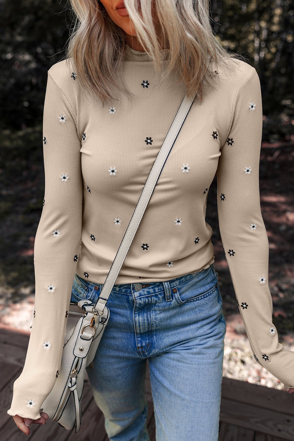 Floral Ribbed Embroidered Long Sleeve Top - Rooted & Reckless Co.