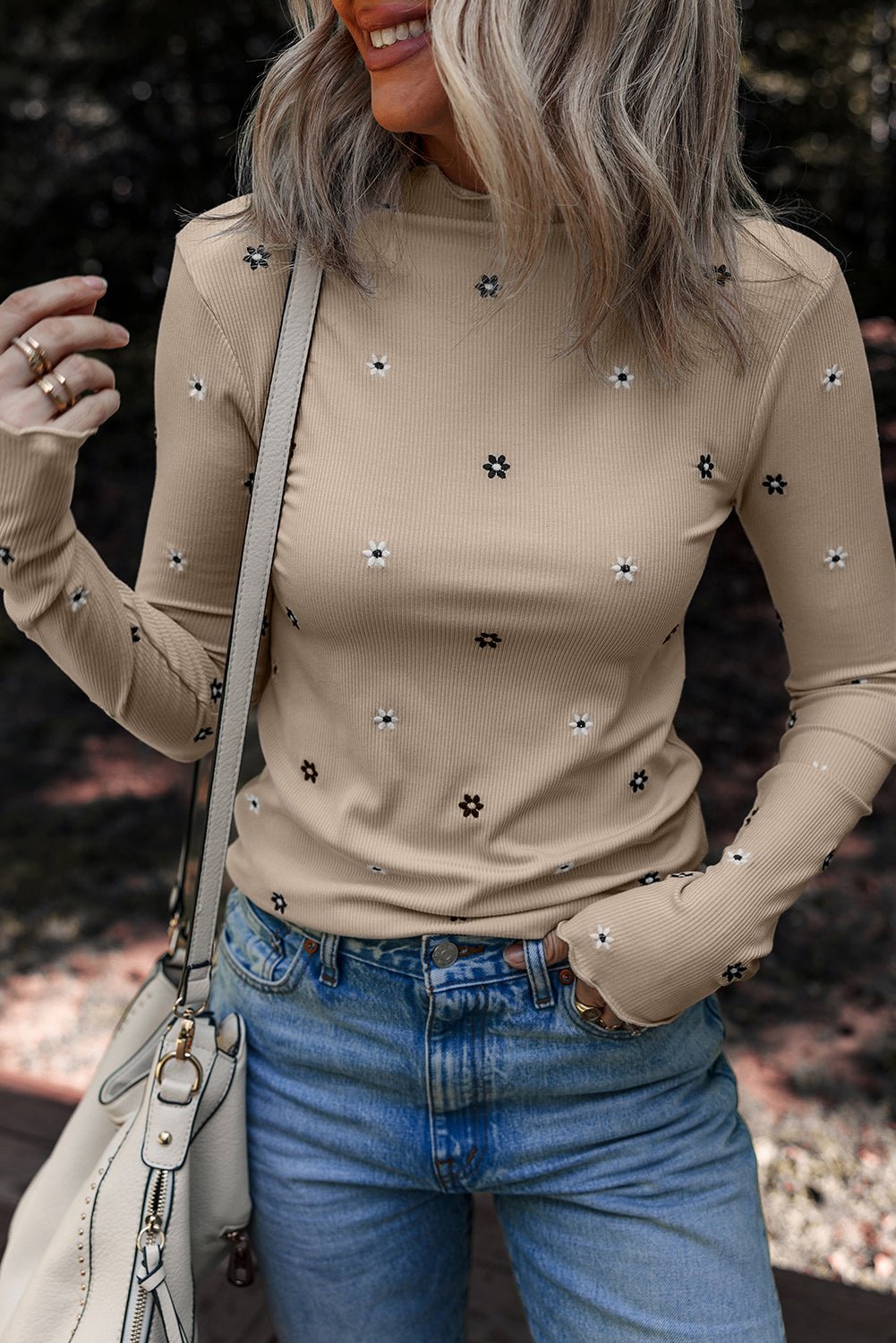 Floral Ribbed Embroidered Long Sleeve Top - Rooted & Reckless Co.