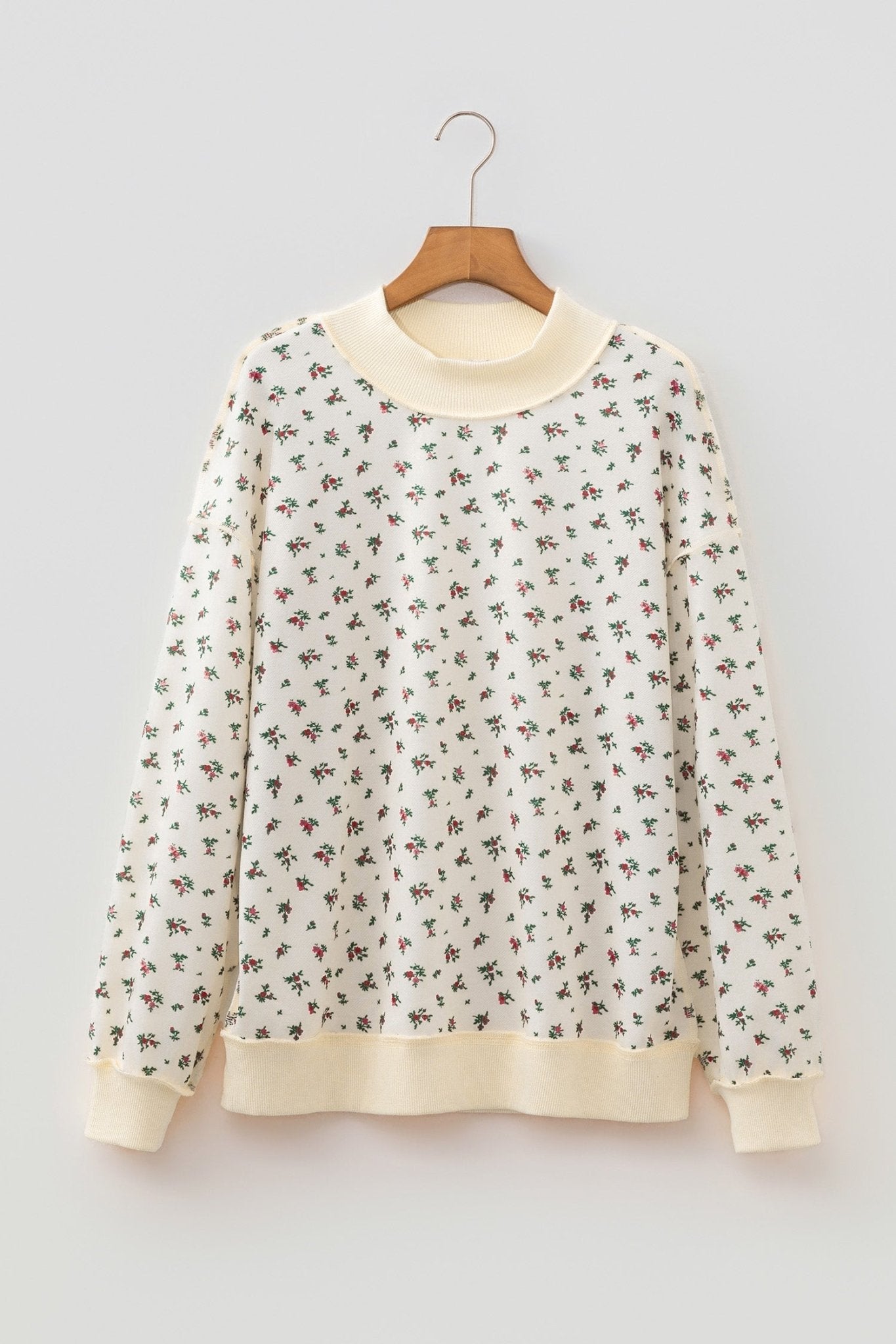 Floral Ribbed High Neck Exposed Hem Baggy Sweatshirt - Rooted & Reckless Co.