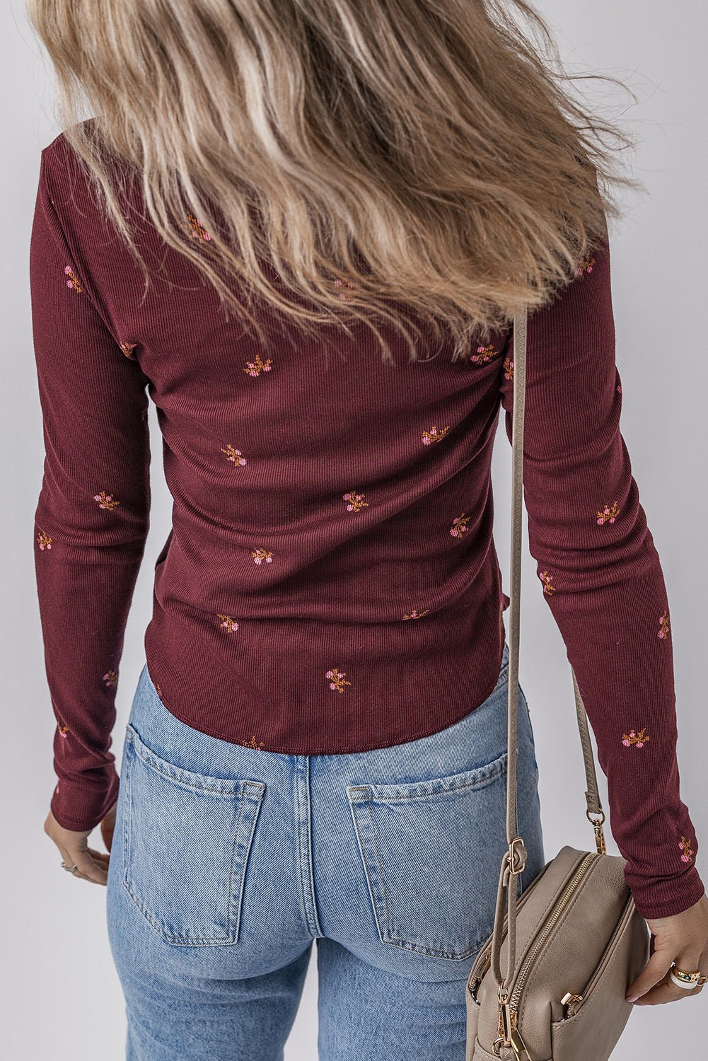Floral Ribbed Notched Neck Long Sleeve Top - Rooted & Reckless Co.