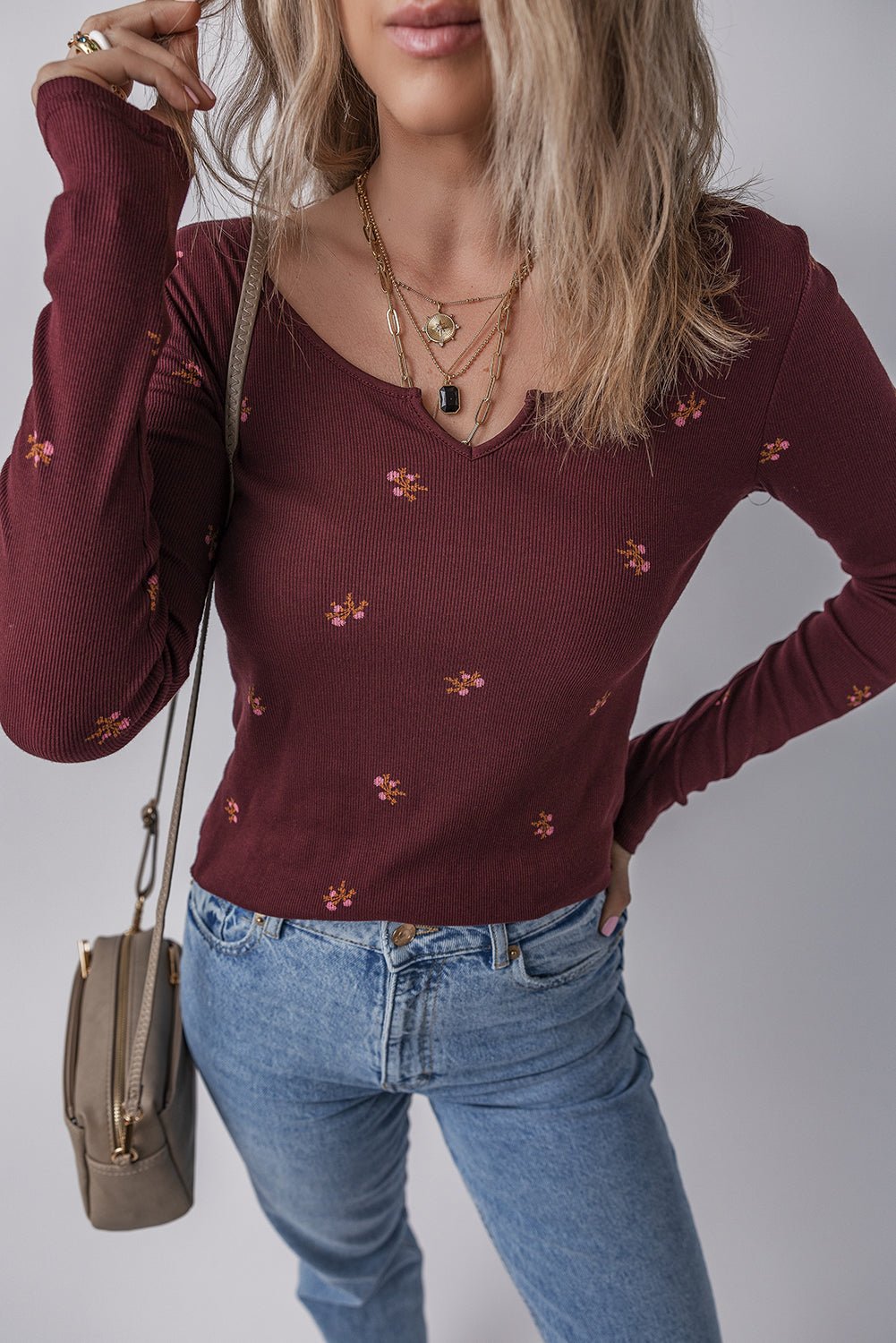 Floral Ribbed Notched Neck Long Sleeve Top - Rooted & Reckless Co.
