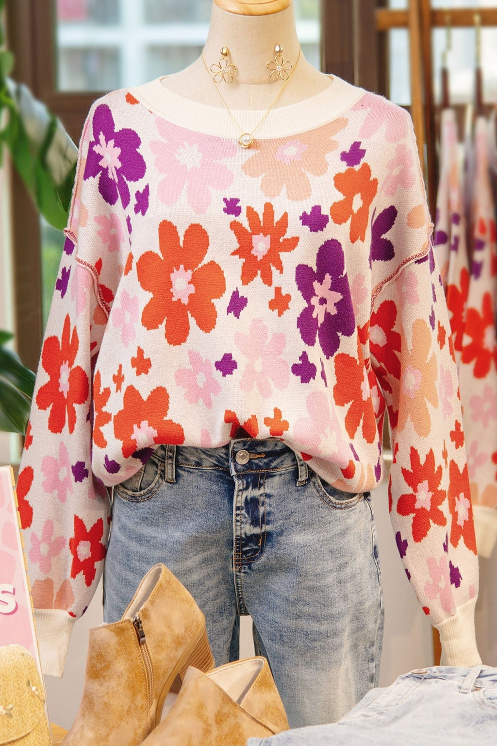 Floral Ribbed Trim Drop Shoulder Sweater - Rooted & Reckless Co.