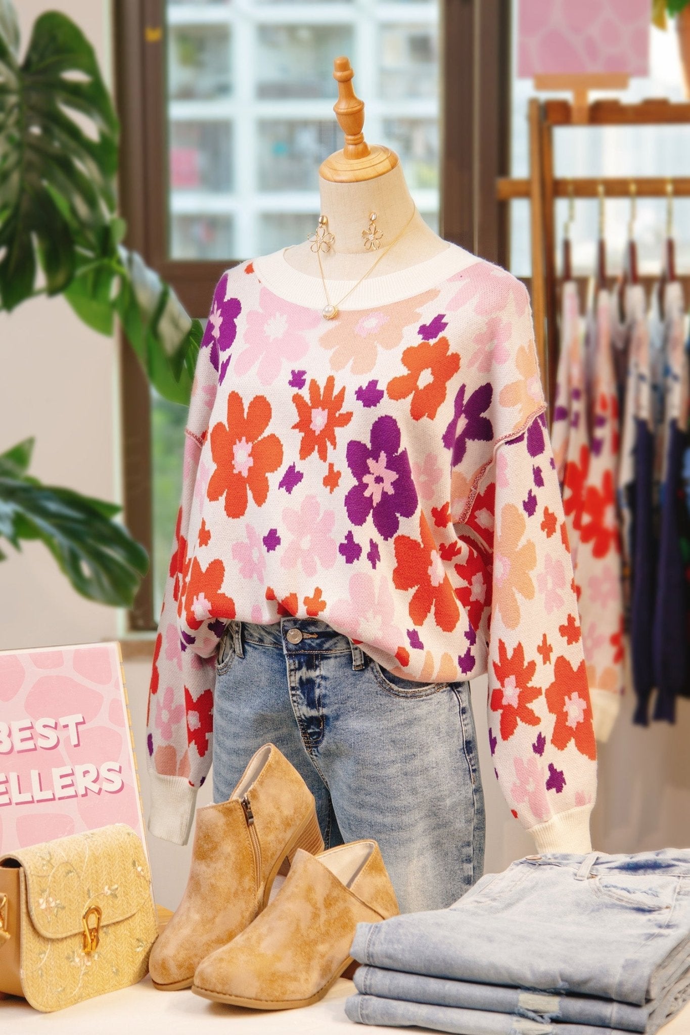 Floral Ribbed Trim Drop Shoulder Sweater - Rooted & Reckless Co.