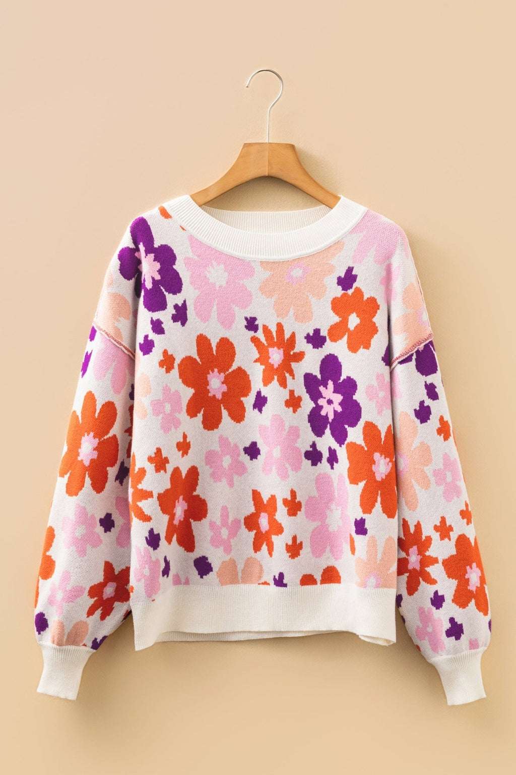 Floral Ribbed Trim Drop Shoulder Sweater - Rooted & Reckless Co.