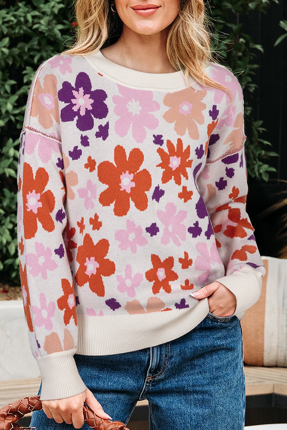 Floral Ribbed Trim Drop Shoulder Sweater - Rooted & Reckless Co.