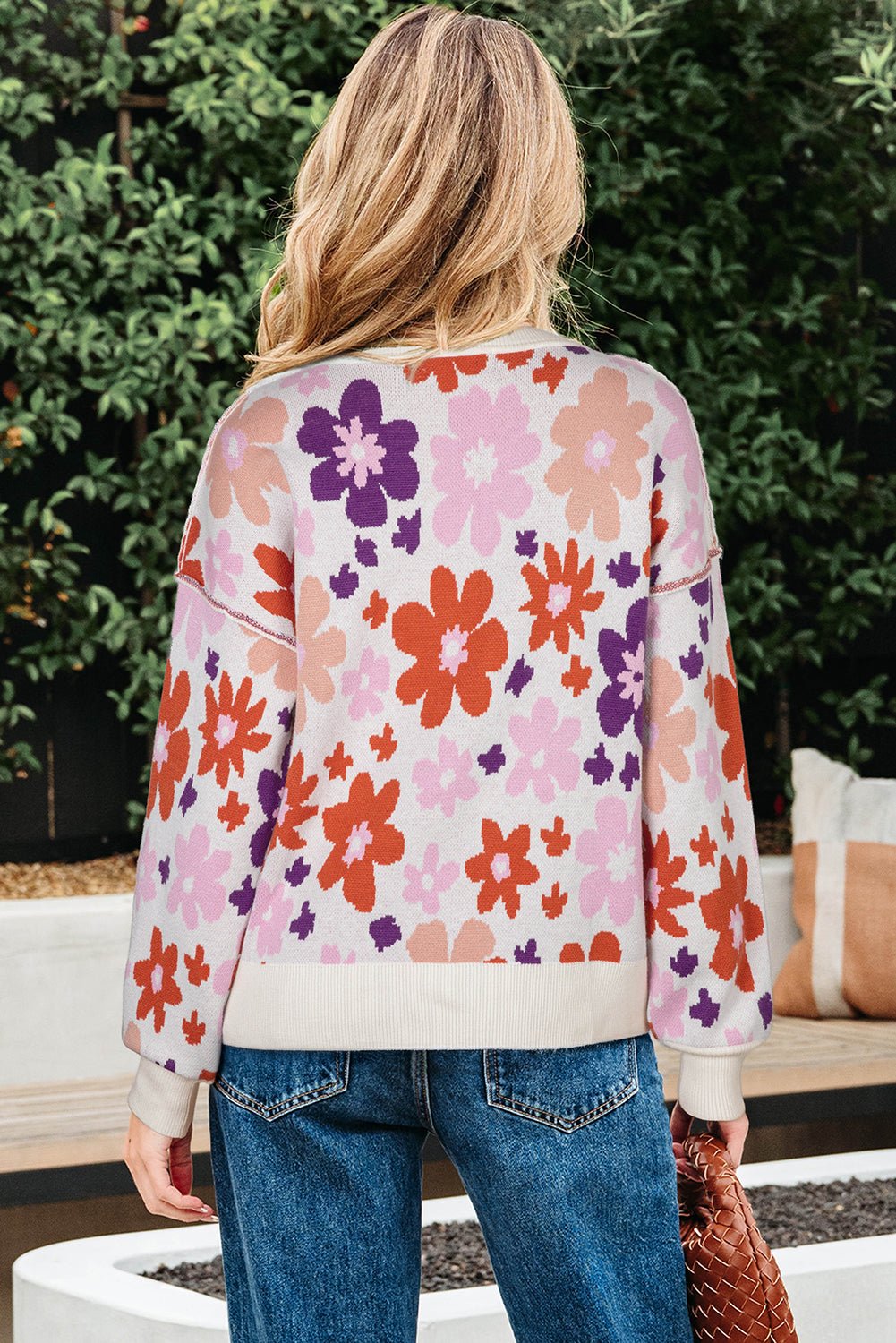 Floral Ribbed Trim Drop Shoulder Sweater - Rooted & Reckless Co.