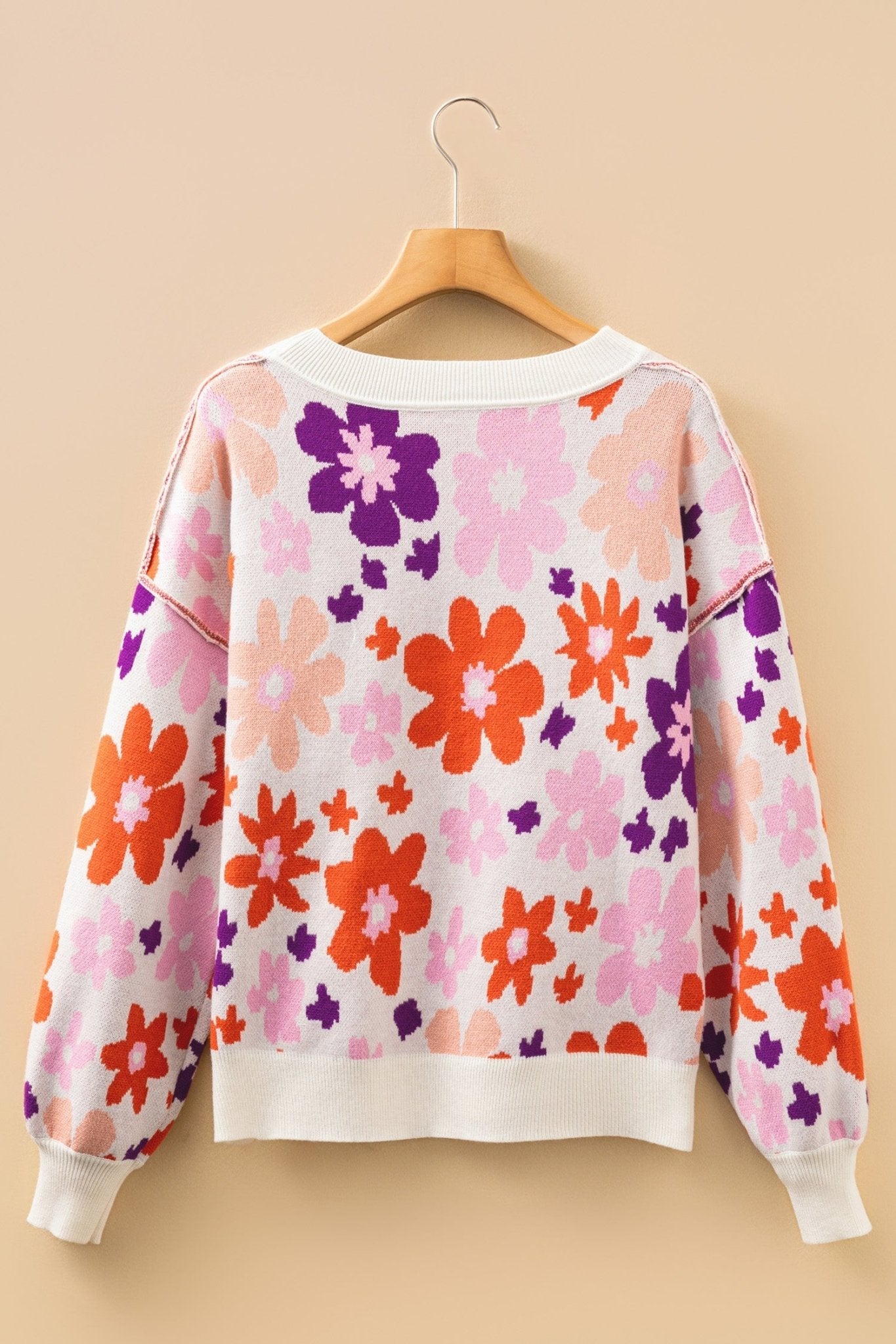 Floral Ribbed Trim Drop Shoulder Sweater - Rooted & Reckless Co.
