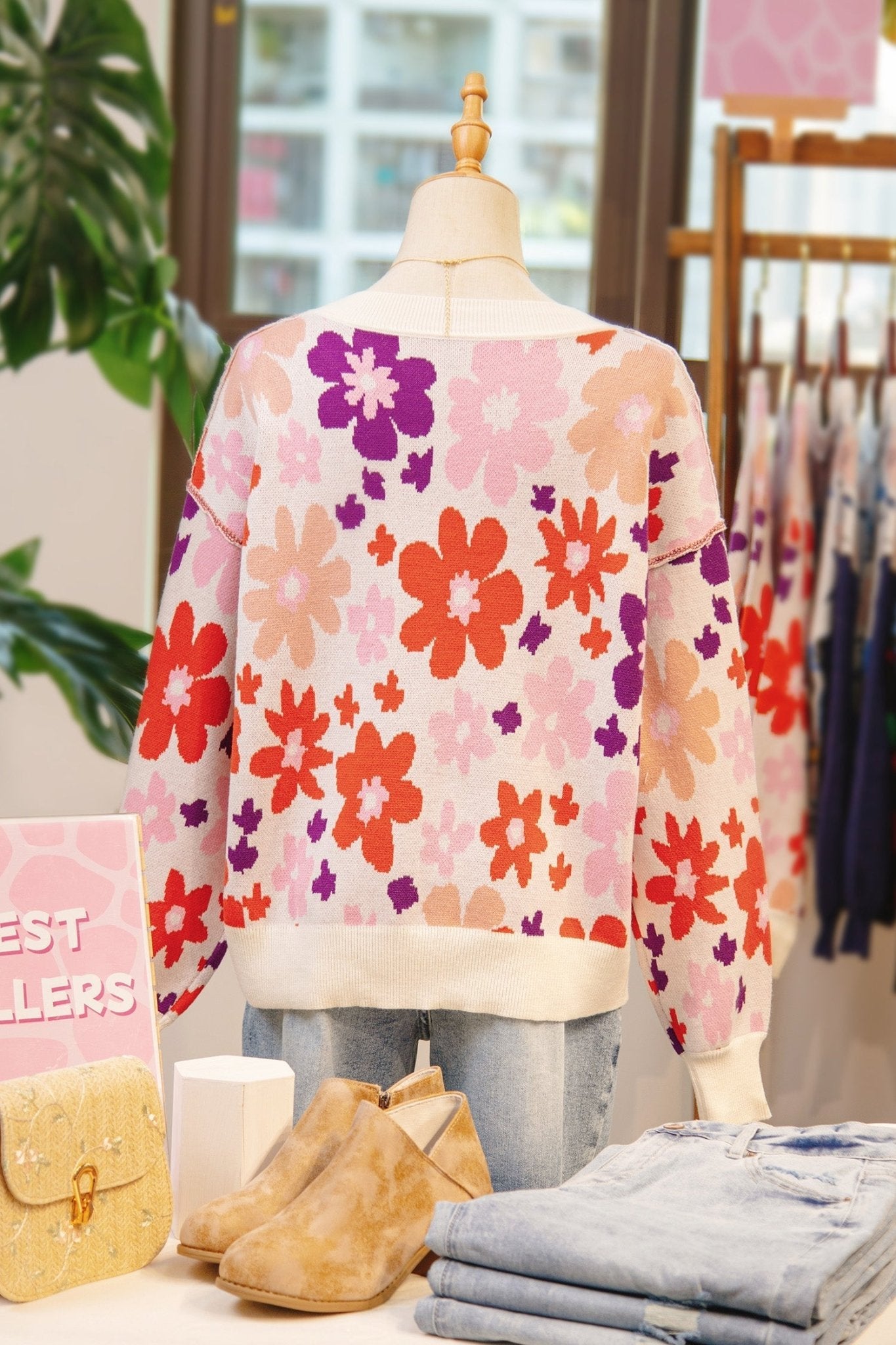 Floral Ribbed Trim Drop Shoulder Sweater - Rooted & Reckless Co.