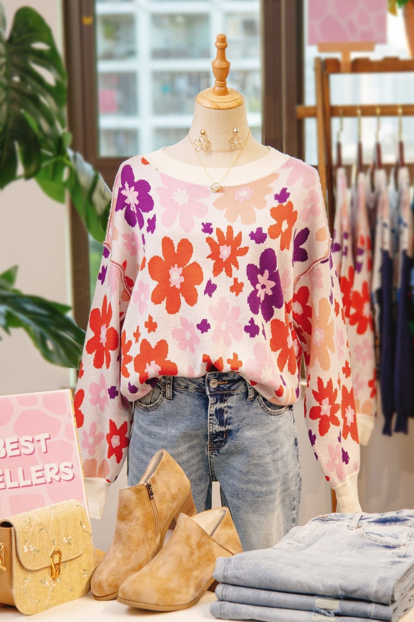 Floral Ribbed Trim Drop Shoulder Sweater - Rooted & Reckless Co.