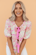 Floral Ribbon Tie Front Puff Sleeve Blouse - Rooted & Reckless Co.