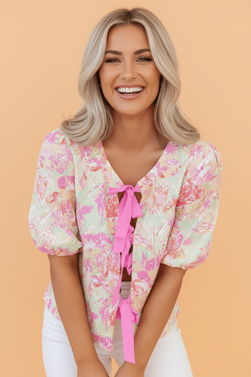 Floral Ribbon Tie Front Puff Sleeve Blouse - Rooted & Reckless Co.