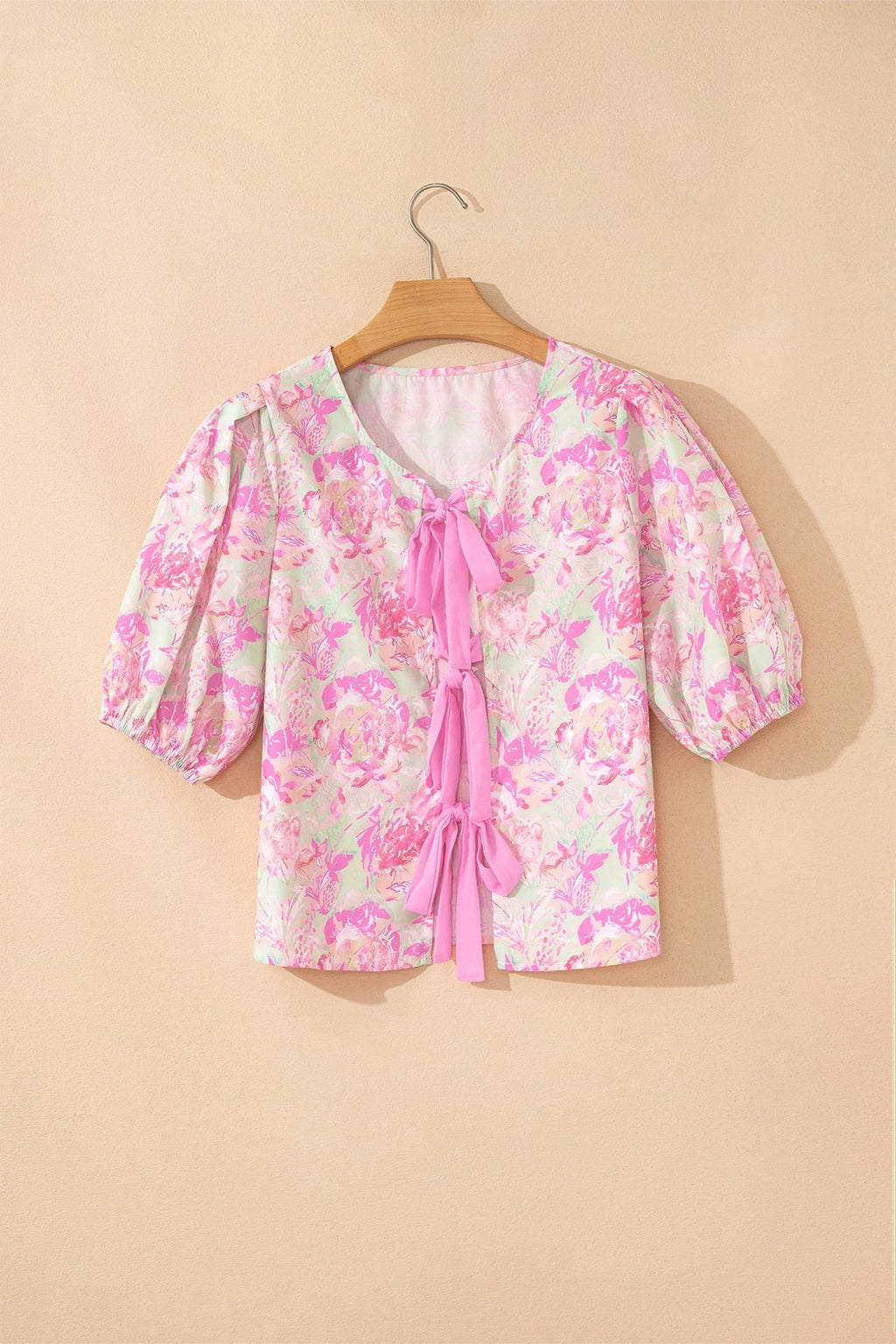Floral Ribbon Tie Front Puff Sleeve Blouse - Rooted & Reckless Co.