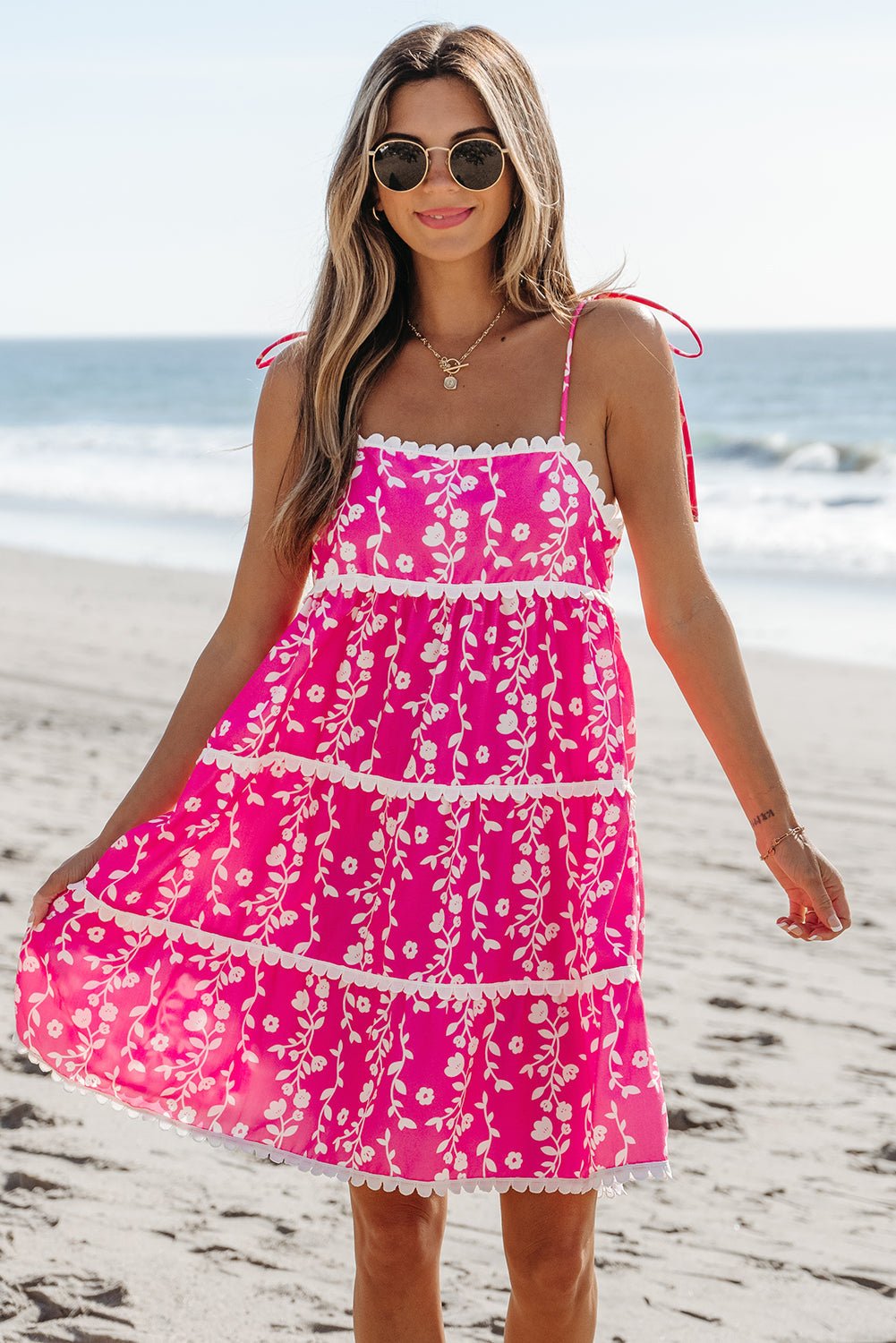 Floral Ric-Rac Tie Strap Sleeveless Mini Dress - Rooted & Reckless Co.