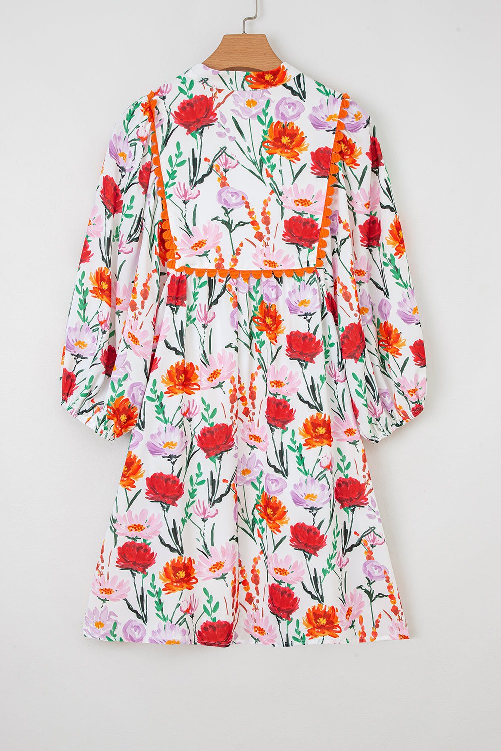 Floral Ricrac Trim 3/4 Puff Sleeve Mini Dress - Rooted & Reckless Co.