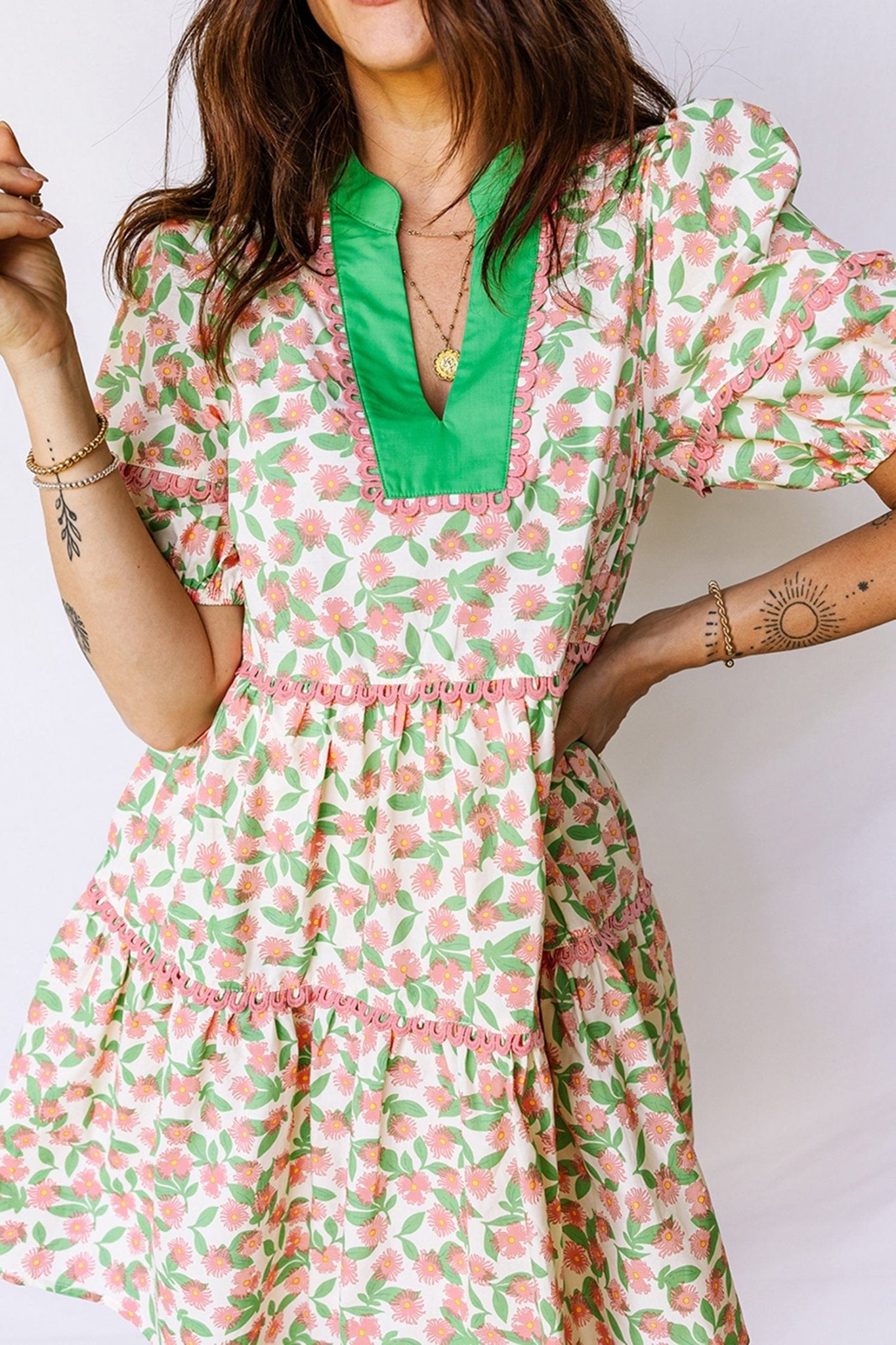 Floral Ricrac Trim Contrast V-Neck Puff Sleeve Dress - Rooted & Reckless Co.