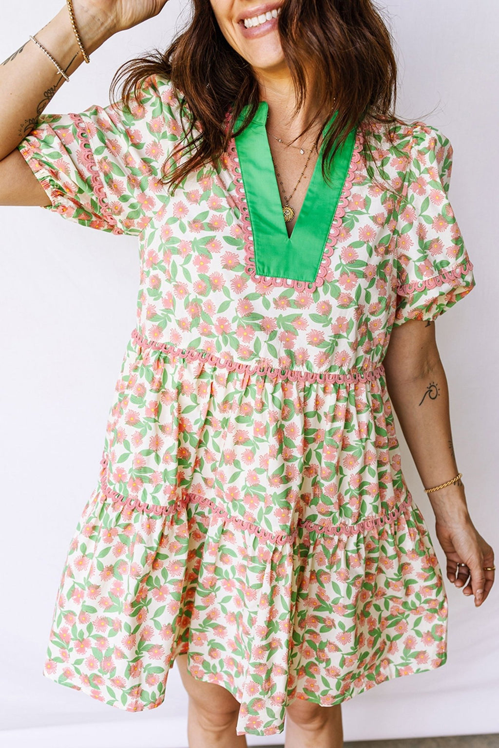 Floral Ricrac Trim Contrast V-Neck Puff Sleeve Dress - Rooted & Reckless Co.