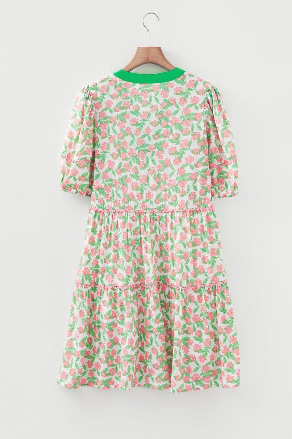 Floral Ricrac Trim Contrast V-Neck Puff Sleeve Dress - Rooted & Reckless Co.