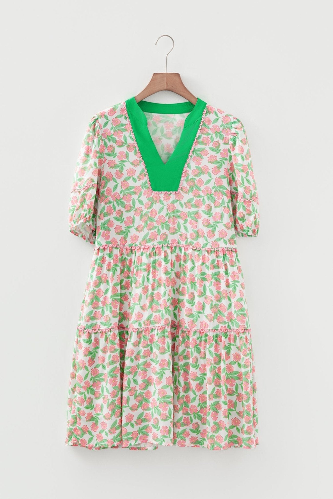 Floral Ricrac Trim Contrast V-Neck Puff Sleeve Dress - Rooted & Reckless Co.