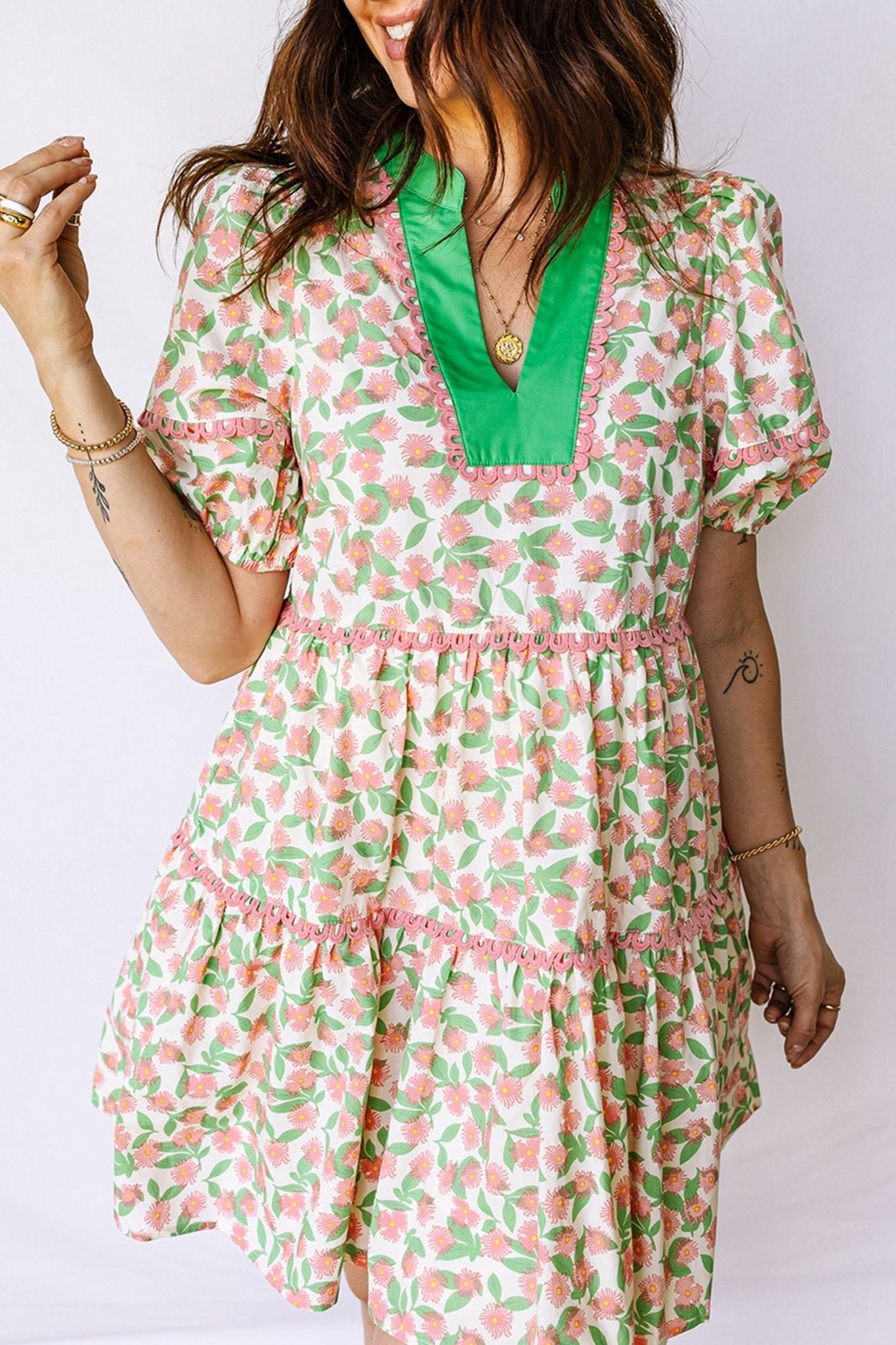 Floral Ricrac Trim Contrast V-Neck Puff Sleeve Dress - Rooted & Reckless Co.