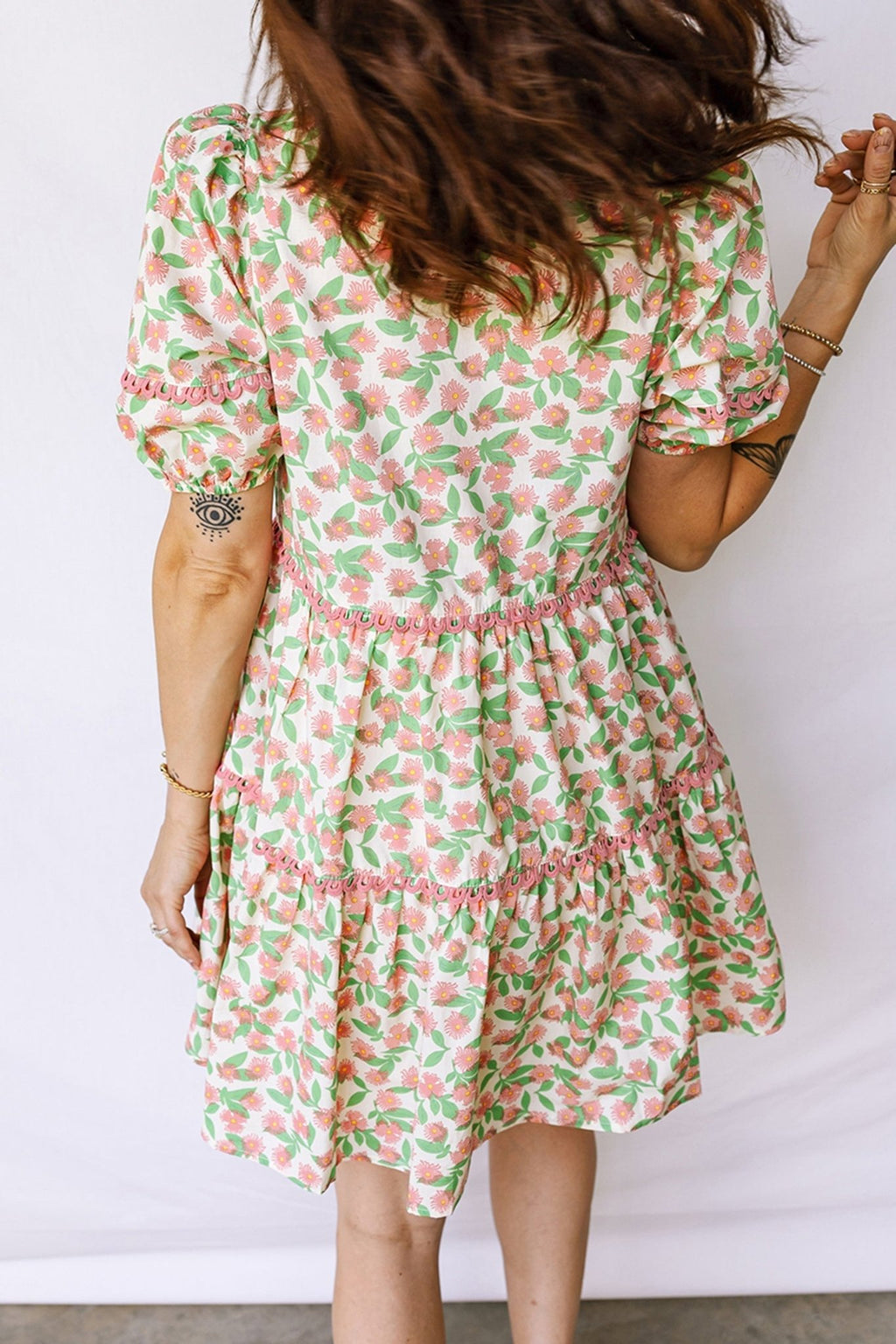 Floral Ricrac Trim Contrast V-Neck Puff Sleeve Dress - Rooted & Reckless Co.