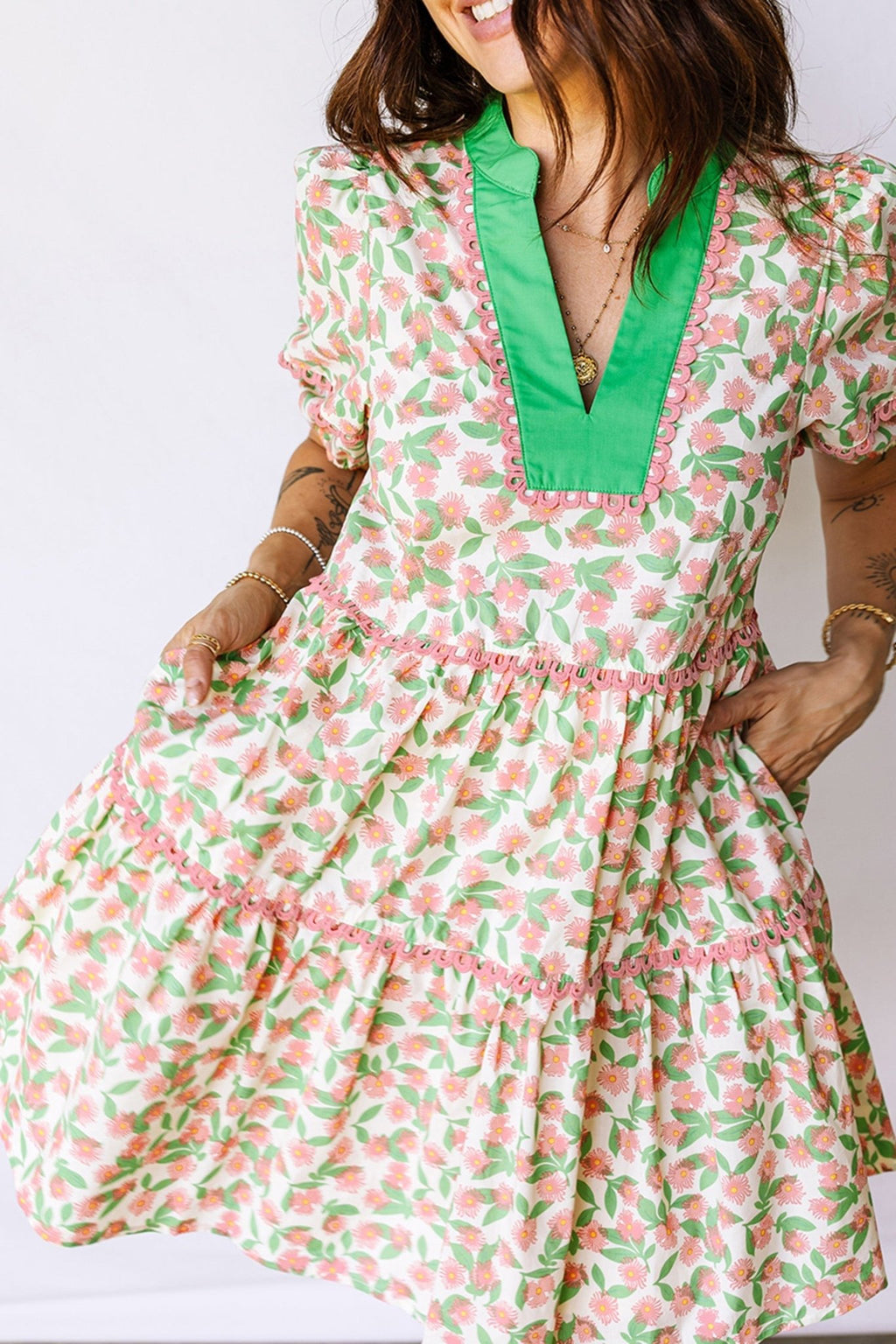 Floral Ricrac Trim Contrast V-Neck Puff Sleeve Dress - Rooted & Reckless Co.