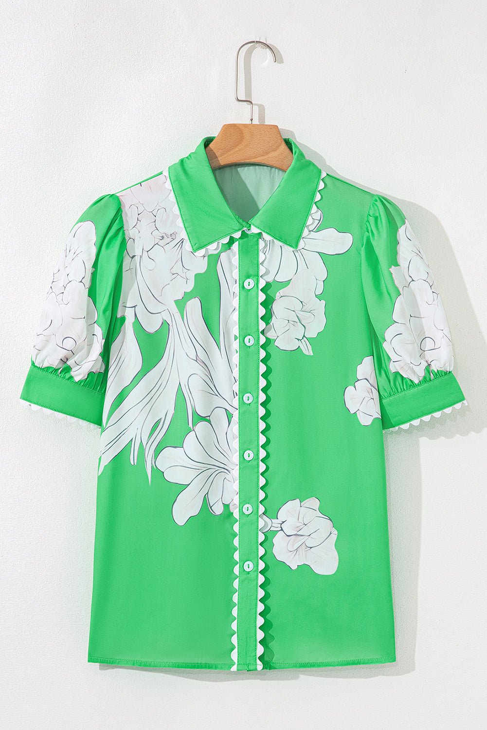 Floral Ricrac Trim Puff Sleeve Buttoned Shirt - Rooted & Reckless Co.