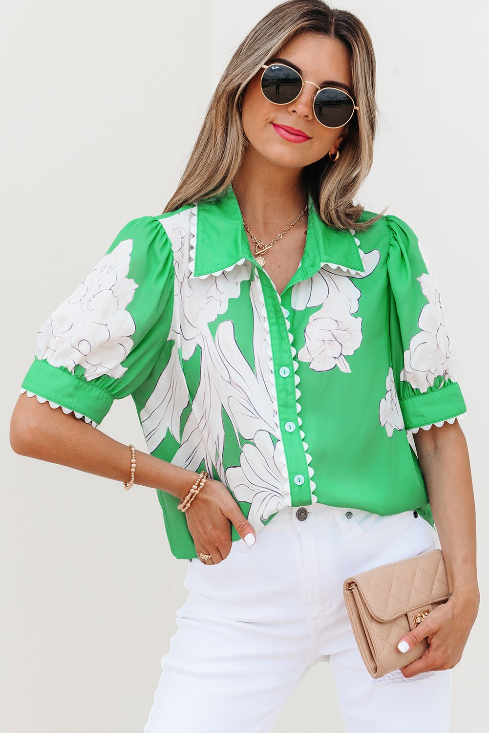 Floral Ricrac Trim Puff Sleeve Buttoned Shirt - Rooted & Reckless Co.