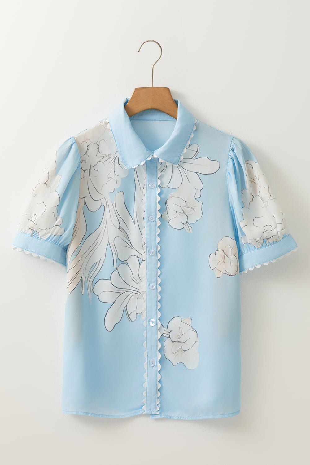 Floral Ricrac Trim Puff Sleeve Buttoned Shirt - Rooted & Reckless Co.