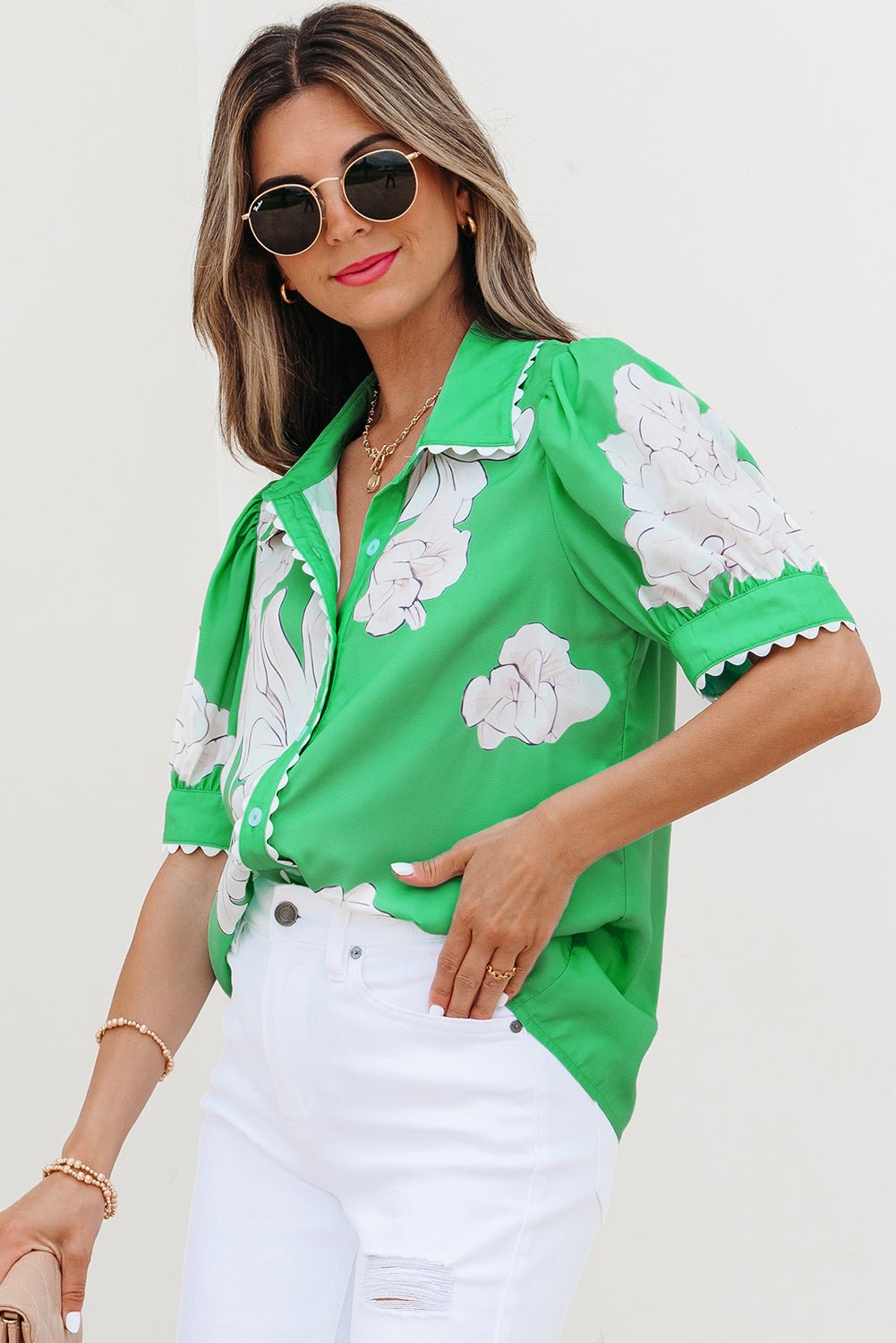 Floral Ricrac Trim Puff Sleeve Buttoned Shirt - Rooted & Reckless Co.