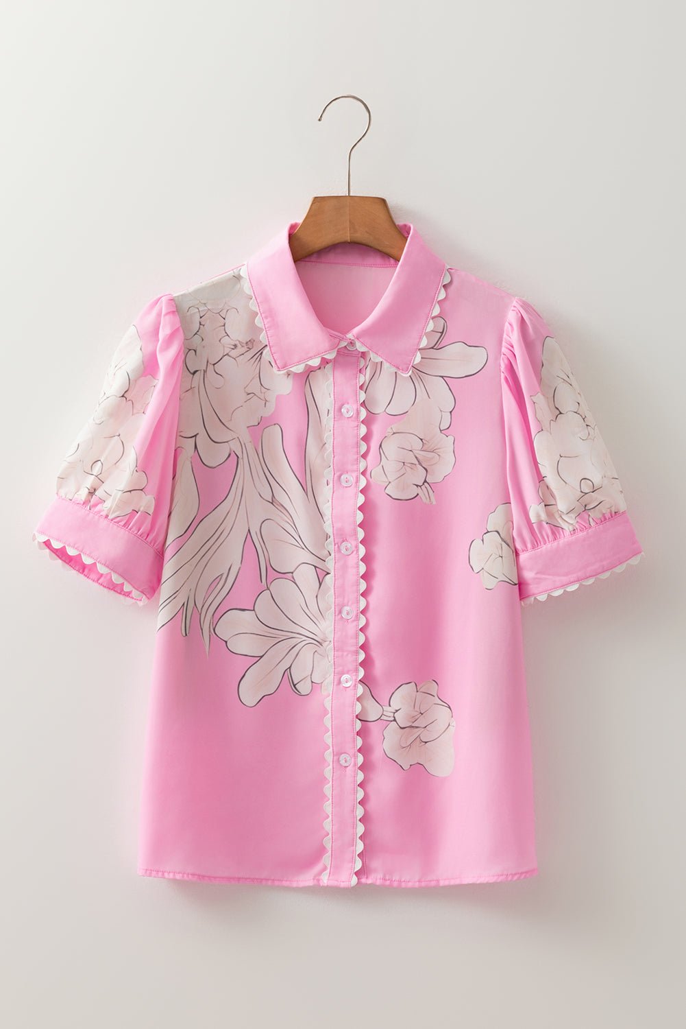 Floral Ricrac Trim Puff Sleeve Buttoned Shirt - Rooted & Reckless Co.