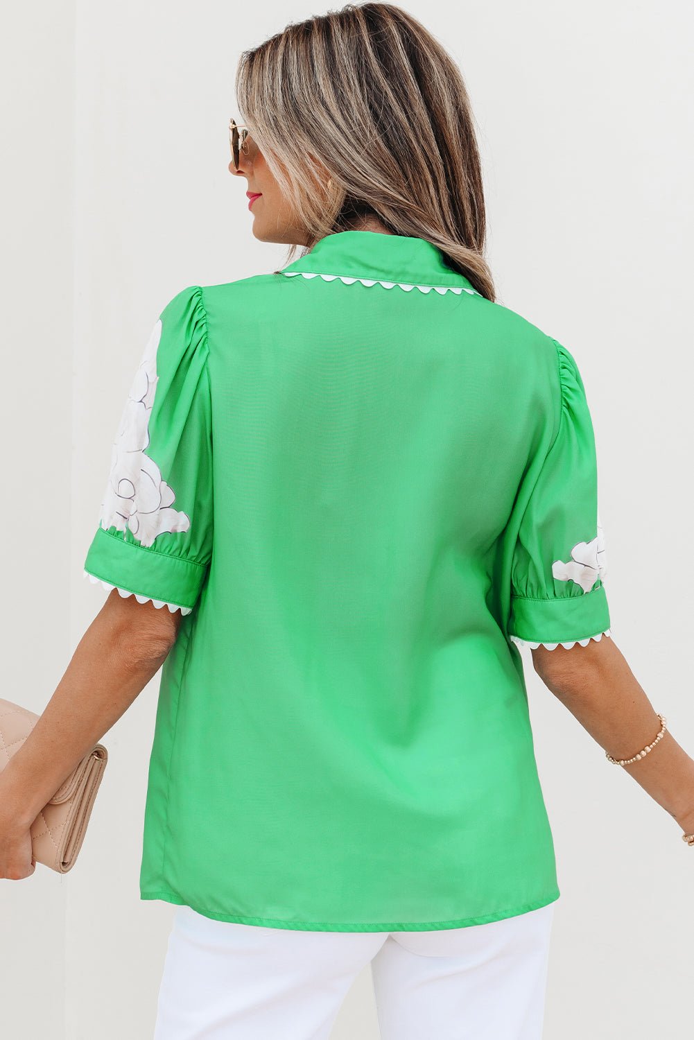 Floral Ricrac Trim Puff Sleeve Buttoned Shirt - Rooted & Reckless Co.