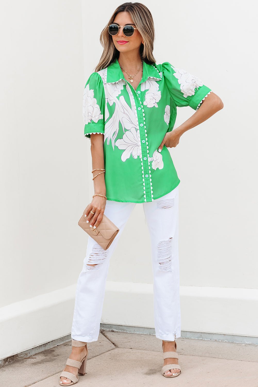 Floral Ricrac Trim Puff Sleeve Buttoned Shirt - Rooted & Reckless Co.
