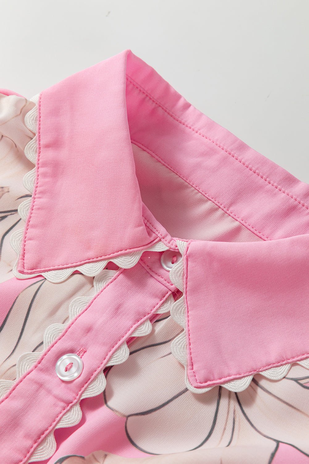 Floral Ricrac Trim Puff Sleeve Buttoned Shirt - Rooted & Reckless Co.