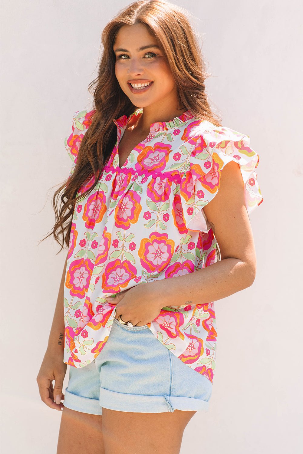 Floral Ricrac Trim Ruffle Sleeve Blouse - Rooted & Reckless Co.
