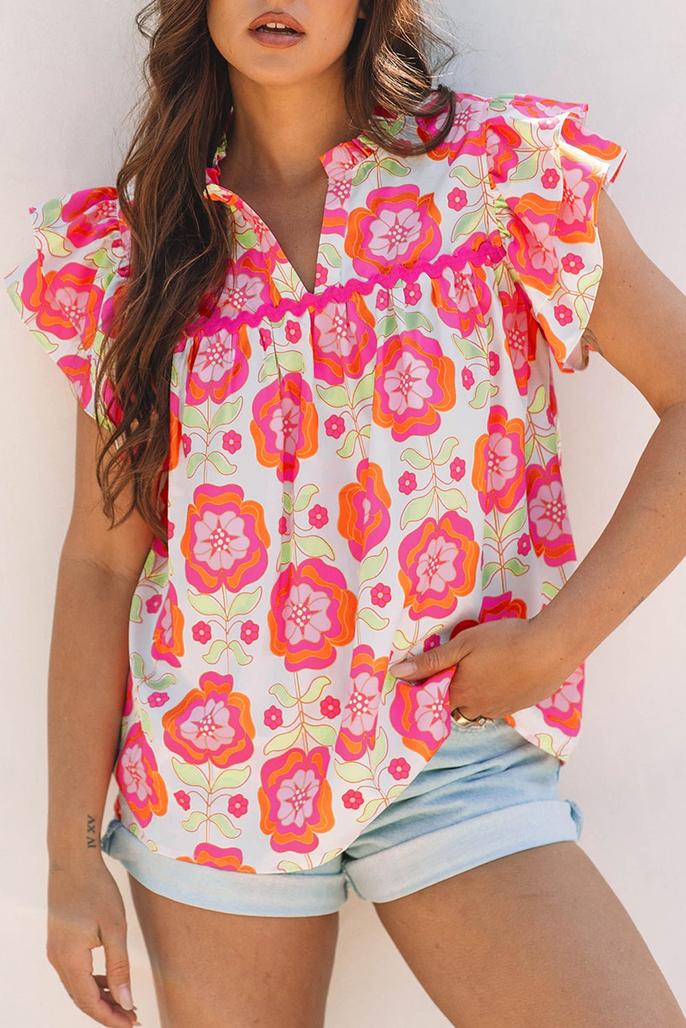 Floral Ricrac Trim Ruffle Sleeve Blouse - Rooted & Reckless Co.