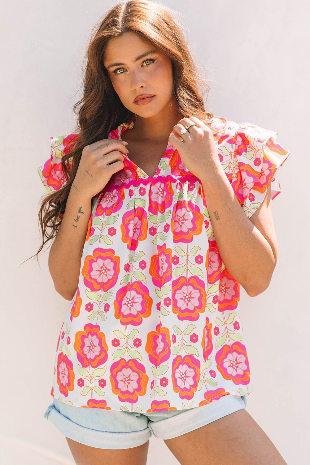 Floral Ricrac Trim Ruffle Sleeve Blouse - Rooted & Reckless Co.