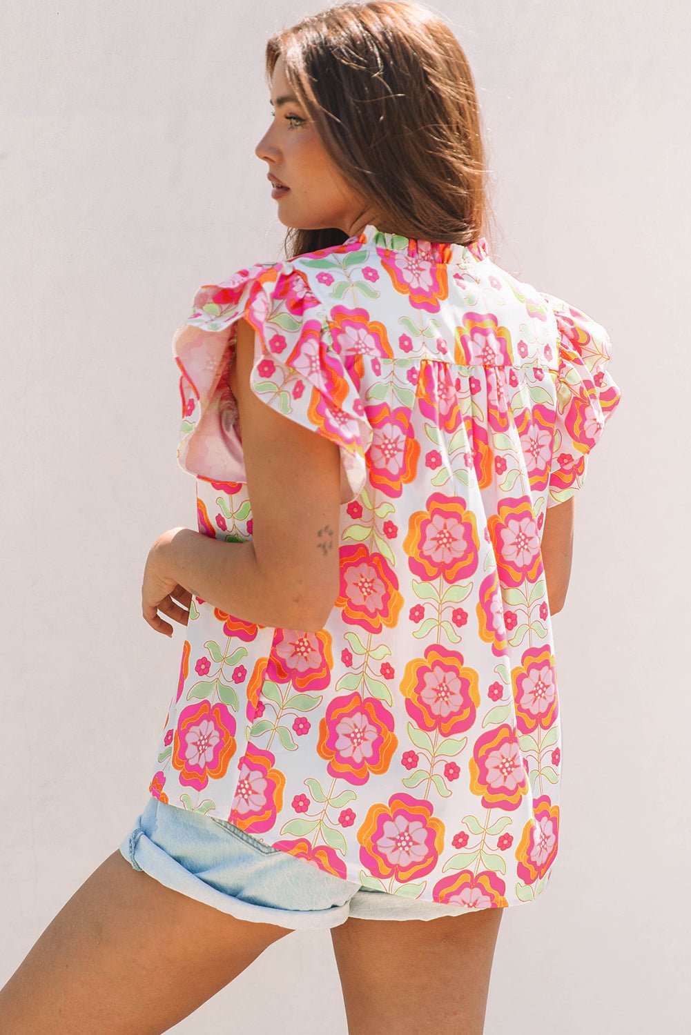 Floral Ricrac Trim Ruffle Sleeve Blouse - Rooted & Reckless Co.