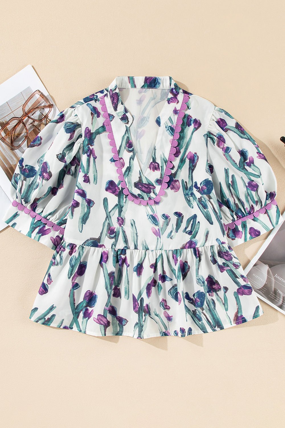 Floral Ricrac Trim Short Sleeve Peplum Top - Rooted & Reckless Co.