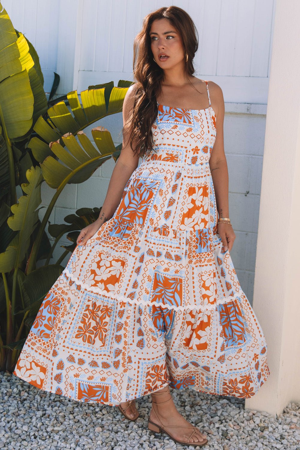 Floral Ricrac Trim Spaghetti Strap Maxi Dress - Rooted & Reckless Co.