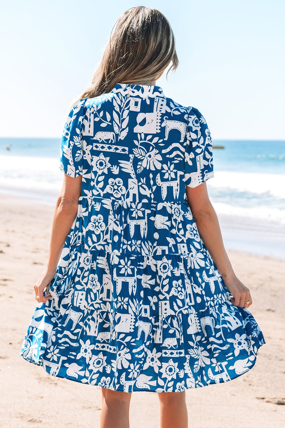 Floral Ricrac Trim Split Neck Tiered Mini Dress - Rooted & Reckless Co.