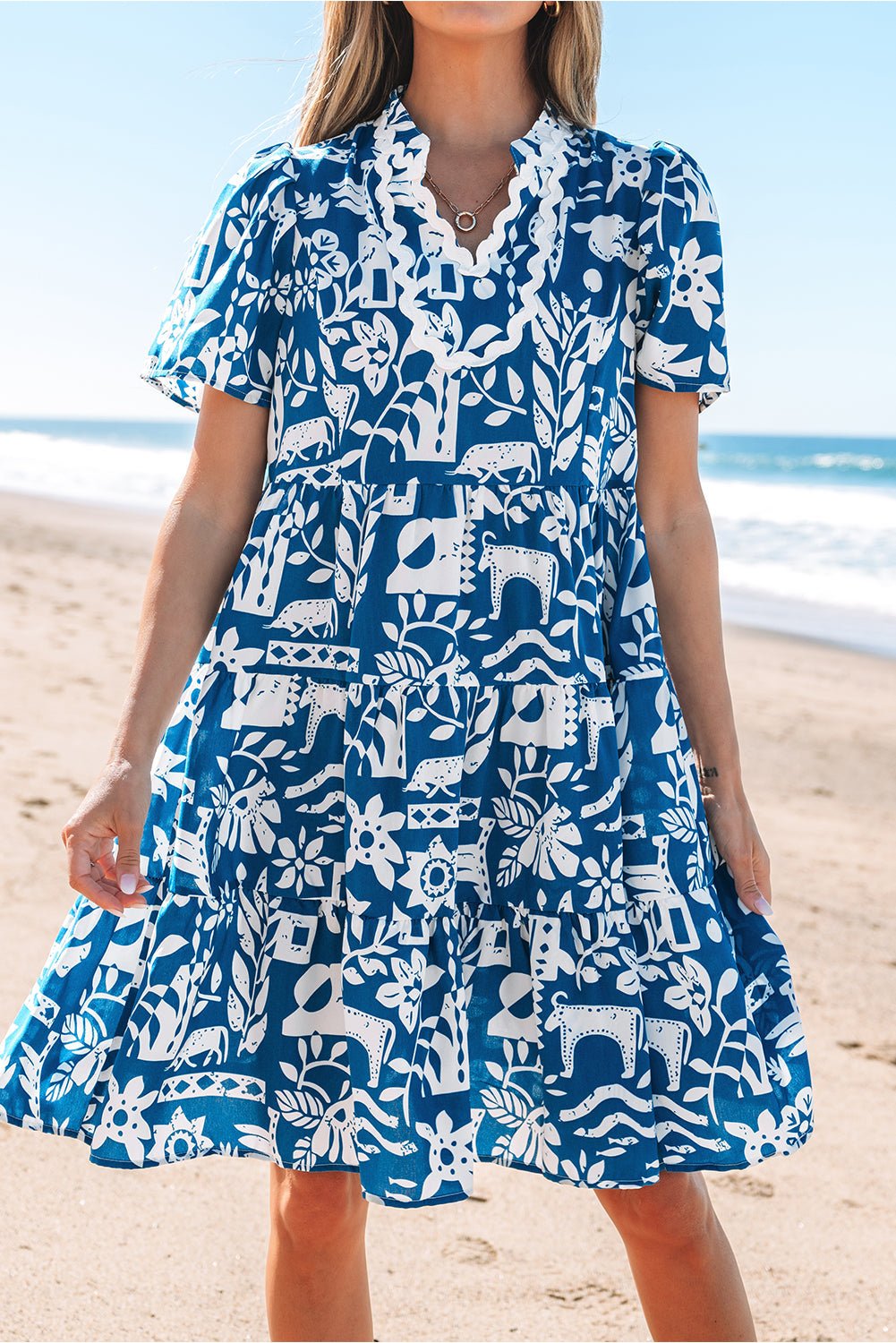 Floral Ricrac Trim Split Neck Tiered Mini Dress - Rooted & Reckless Co.
