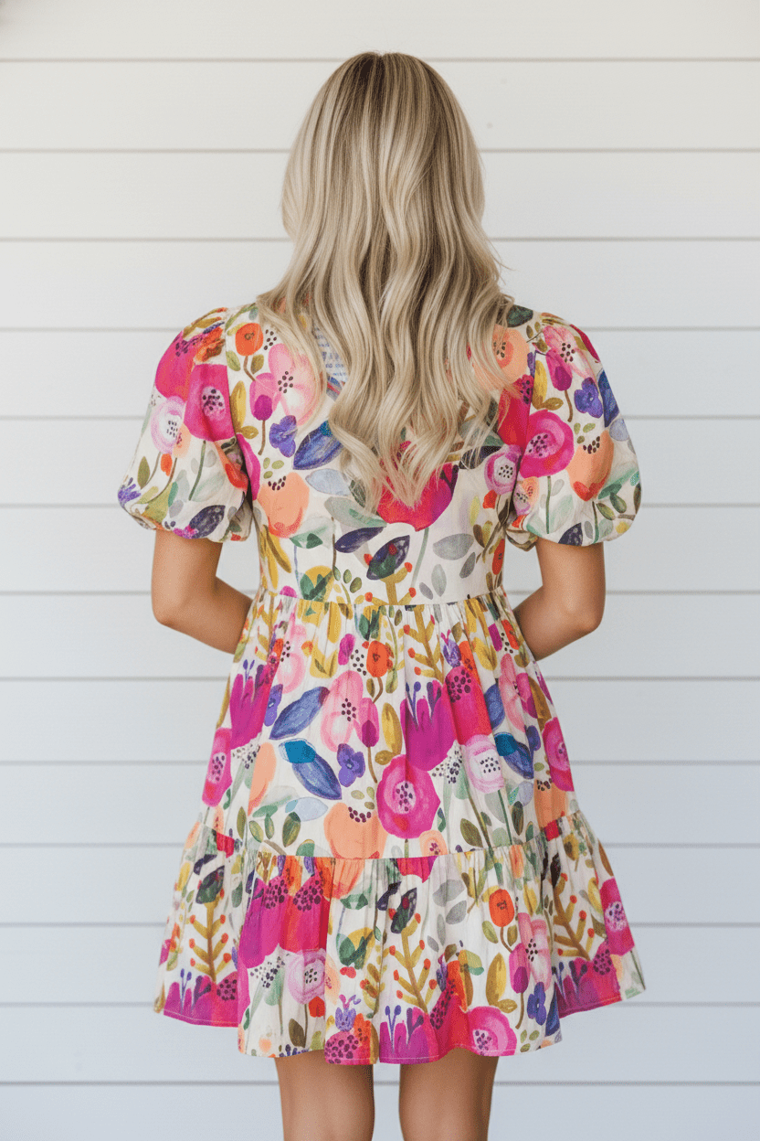 Floral Ricrac Trim Stripe Patchwork V-Neck Dress - Rooted & Reckless Co.