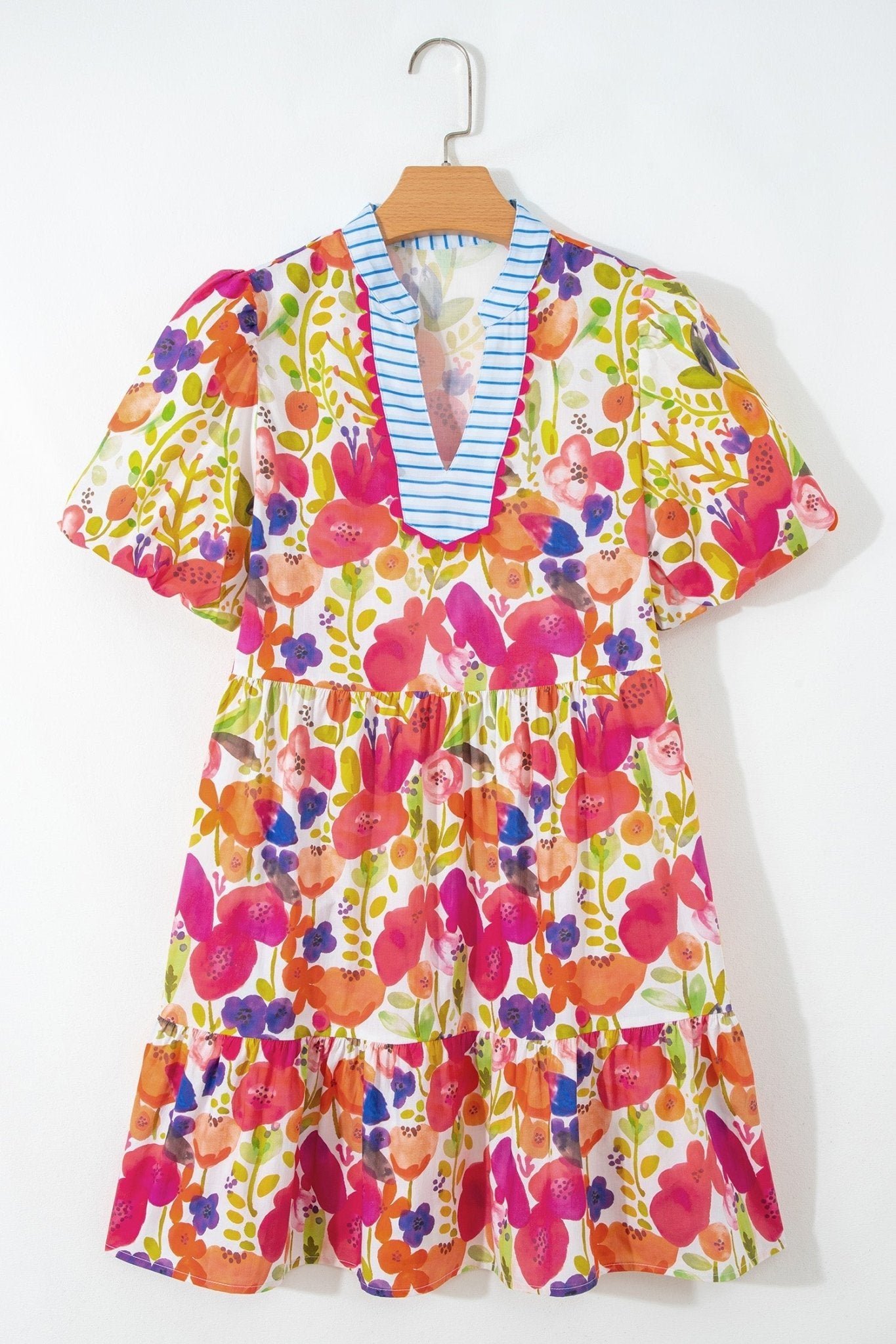 Floral Ricrac Trim Stripe Patchwork V-Neck Dress - Rooted & Reckless Co.