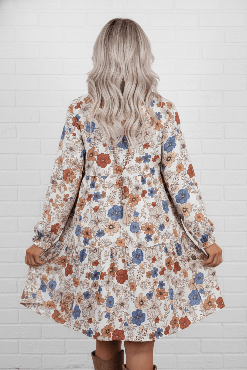 Floral Round Neck Ruffle Long Sleeve Dress - Rooted & Reckless Co.